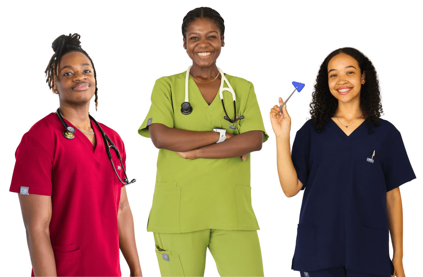 Three healthcare professionals wearing WiZscrubs