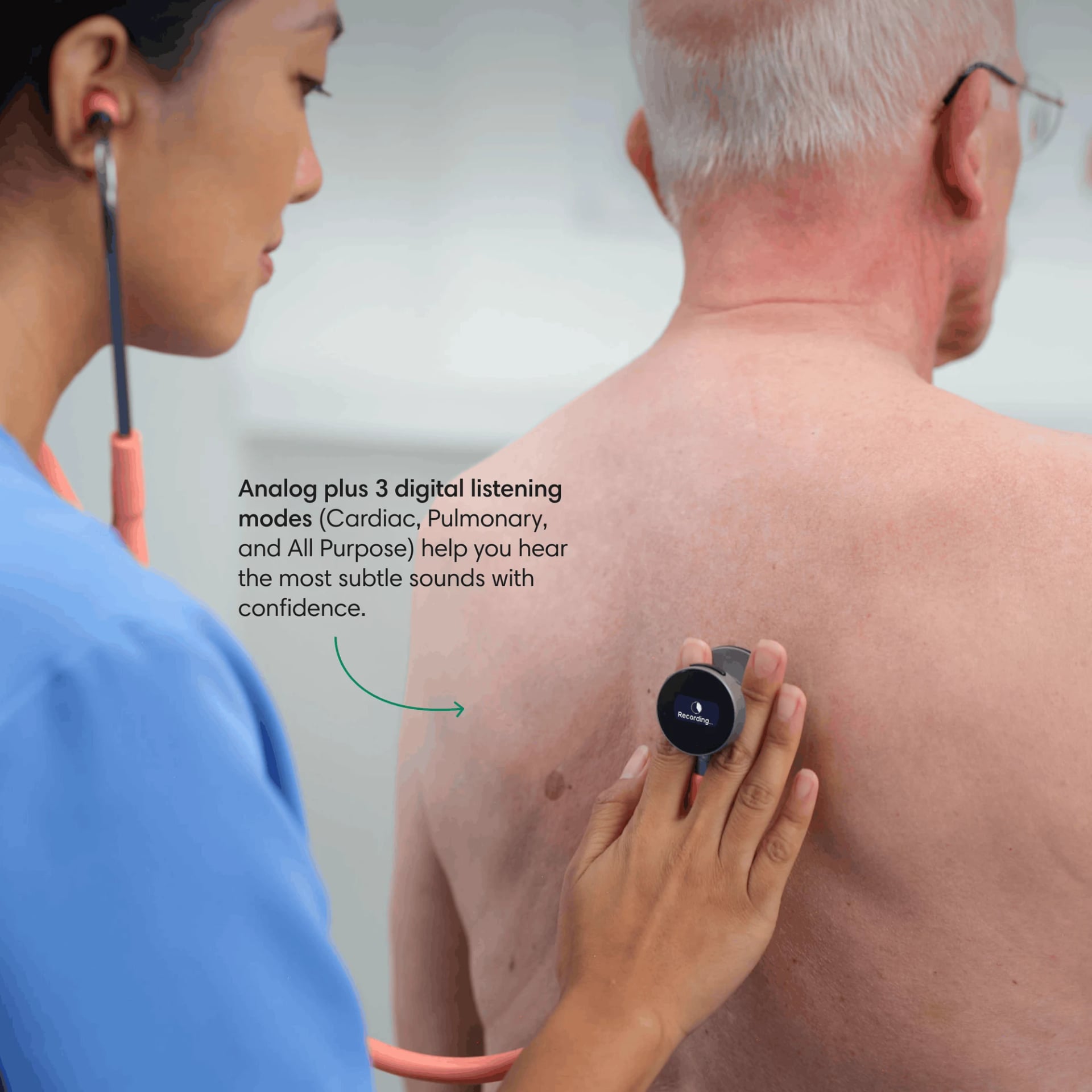 Clinician listening to a patient’s back with the Eko CORE 300 Clinician listening to a patient’s back with the Eko CORE 300