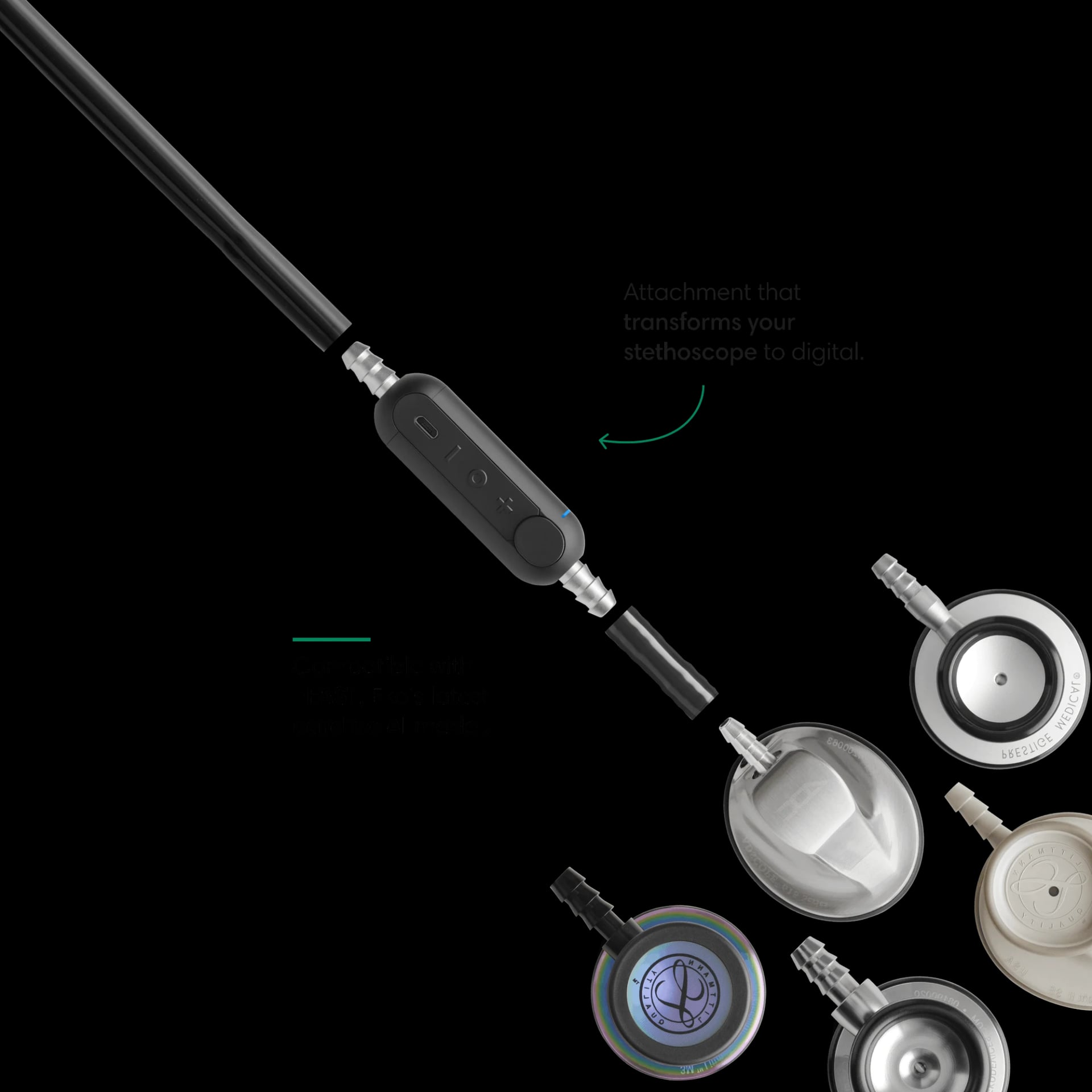 Eko CORE Digital Attachment beside compatible stethoscope chestpieces Eko CORE Digital Attachment beside compatible stethoscope chestpieces